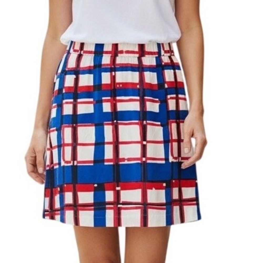 Talbots Plaid A-Line Skirt XS Red White Blue Geometric Elastic Waist Pockets